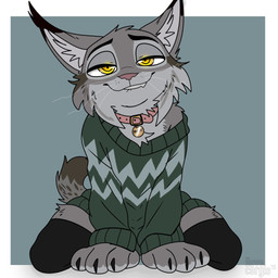 anthro bite biting_lip black_claws black_ear_tips brown_body brown_fur cheek_tuft claws clothing collar dipstick_ears ear_markings facial_tuft femboy fur green_clothing green_sweater green_topwear grey_body grey_fur looking_at_viewer male multicolored_ears pink_collar pink_nose simple_background solo sweater topwear tuft whiskers yellow_eyes ilovecorgis disney zootopia pawbert_lynxley canada_lynx felid feline lynx mammal 1:1 hi_res