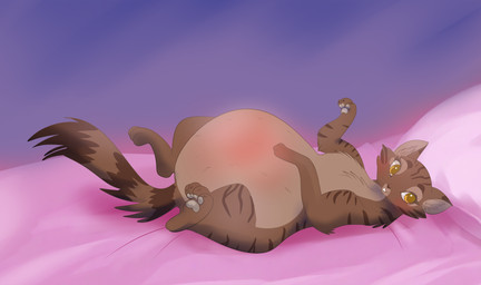 4_toes bed bedding belly big_belly blanket blush brown_body brown_eyelashes brown_fur brown_nose brown_stripes brown_tail cheek_tuft chest_tuft eyelashes facial_tuft feet female female_feral feral fluffy fluffy_tail fur furniture grey_pawpads huge_belly lying lying_on_bed markings multicolored_body multicolored_fur on_back on_bed pawpads paws pillow pink_blanket pink_pillow pregnant pregnant_female pregnant_feral pupils quadruped solo striped_body striped_fur striped_markings striped_tail stripes tail tail_markings toes toothy_smile tuft two_tone_tail yellow_eyes yellow_pupils black_kitty lari_(silent_might) felid feline felis mammal wildcat 2025 colored digital_drawing_(artwork) digital_media_(artwork) english_description hi_res shaded
