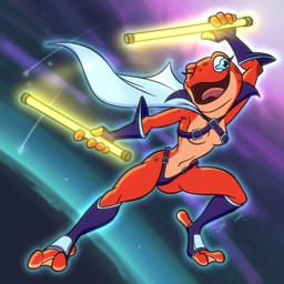 3_toes anthro blue_eyes breasts cape clothed clothing cosmic_background eyelashes feet female fingerless_gloves gloves glowstick handwear membrane_(anatomy) one_eye_closed red_body skimpy small_breasts solo space space_background toes tongue webbed_feet wink bassybefuddle conditional_dnp amphibian frog 1:1 hi_res