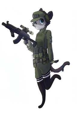 4_fingers ak-47 ak_platform anthro arm_pouch assault_rifle baseball_cap belt belt_pouch biped black_clothing black_footwear black_legwear black_nose black_socks black_thigh_highs black_thigh_socks blue_eyes bottomwear breasts bulletproof_vest cheek_tuft clothed clothed_anthro clothed_female clothing digitigrade electronics eyelashes facial_tuft female female_anthro fingerless_gloves fingers footwear fully_clothed fully_clothed_anthro furgonomics gloves grey_body gun handwear hat headgear headphones headset headwear holding_gun holding_object holding_ranged_weapon holding_weapon jacket legwear looking_at_viewer magazine_(gun) magazine_pouch military one_leg_up pants raised_leg ranged_weapon rifle scope small_breasts smile socks soldier solo standing tail tail_wraps text text_on_clothing text_on_headwear thigh_highs thigh_socks topwear tuft warrior weapon whiskers wraps =djoyk= kalashnikov domestic_cat felid feline felis mammal digital_drawing_(artwork) digital_media_(artwork) english_text hi_res