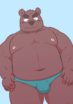anthro belly black_nose blue_background blush bulge clothing cute_fangs fangs humanoid_hands kemono male moobs navel nipples overweight overweight_male simple_background solo teeth underwear kick_(artist) bear mammal 2015