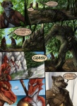 anthro armor blue_eyes bottomwear canid canine canis clothed clothing comic detailed_background dialogue digital_media_(artwork) domestic_dog dragon ear_piercing english_text fantasy forest fur group hiding hyena lizard loincloth male mammal myenia mythological_creature mythological_scalie mythology outside piercing plant red_lantern reptile rukis scalie spotted_hyena tail tan_body tan_fur text tree weapon white_body white_fur wood