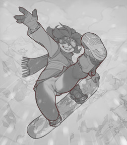 anthro boots bottomless clothed clothing eyewear female footwear fur genitals goggles hair hand_wraps jacket loli looking_at_viewer outside scarf shoes simple_background smile snow snowboard snowboarding solo topwear vulva wraps young young_anthro young_female snowskau blizzard_entertainment warcraft li_li_stormstout bear mammal pandaren greyscale hi_res monochrome