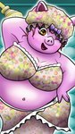 anthro big_breasts bikini breasts clothing female glowing glowing_body hair headgear headwear one_eye_closed overweight pig_nose pink_body red_hair shower smile solo swimwear two-piece_swimsuit wink yellow_eyes naked_dan luigi's_mansion mario_bros nintendo miss_petunia domestic_pig ghost humanoid mammal spirit suid suine sus_(pig) hi_res