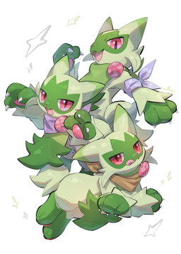 ambiguous_gender anthro cheek_tuft claws cute_fangs dipstick_ears ear_markings facial_tuft fangs fur gloves_(marking) green_body green_fur green_tail group kerchief leg_markings markings multicolored_ears narrowed_eyes neckerchief neckwear open_mouth open_smile pawpads paws pink_eyes pink_pawpads short_tail simple_background smile socks_(marking) tail teeth tongue tongue_out trio tuft white_background white_claws nullma nintendo pokemon felid feline floragato generation_9_pokemon mammal pokemon_(species) 2025 absurd_res digital_media_(artwork) hi_res signature