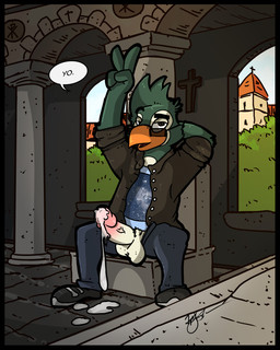 anthro balls beak black_border bodily_fluids border cross cum detailed_background erection eyewear genital_fluids genitals glasses male penis solo kaisertaylorproducts giovanni_da_milano avian bird penguin 4:5 hi_res