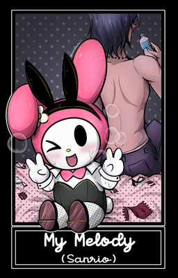 after_sex anthro beady_eyes black_clothing black_eyes black_leotard blush blush_lines bodily_fluids bunny_costume clothing costume cotton_tail cuffs_(clothing) duo fake_ears fake_rabbit_ears female fishnet_clothing fishnet_legwear front_view fur gesture hand_gesture legwear leotard looking_at_viewer male one_eye_closed open_mouth sitting sweat text v_sign white_body white_fur wink winking_at_viewer yellow_nose hatobara onegai_my_melody sanrio my_melody human lagomorph leporid mammal rabbit hi_res