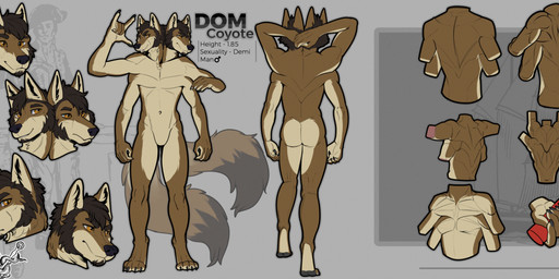 2_heads 2_tails 4_arms 4_toes 6_fingers anthro brown_body brown_fur butt expressions extra_fingers facial_tuft featureless_chest featureless_crotch feet fingers front_view fur grey_background male male_anthro multi_arm multi_head multi_limb multi_tail multicolored_body multicolored_fur multifur nude_anthro nude_male orange_eyes polydactyly rear_view simple_background solo standing tail tan_body tan_fur toes tuft mattiyyah_lion dom_(coyote-only) canid canine canis coyote mammal absurd_res hi_res model_sheet