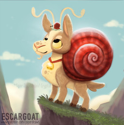 ambiguous_gender beady_eyes black_eyes brown_body brown_fur cloud collar cowbell duo feral fur grass humor outside plant pun sky tan_body tan_fur text visual_pun yellow_eyes piper_thibodeau bovid caprine gastropod goat hybrid mammal mollusk snail 2021 digital_media_(artwork) digital_painting_(artwork) english_text painting_(artwork) url