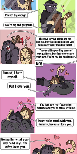 anthro black_body black_fur black_hair breasts brown_hair clothed clothing cross-popping_vein dialogue duo eyes_closed facial_piercing female fur hair heart_symbol hug male male/female nude piercing pillow profanity tan_body tan_fur text fuf fuf_(character) sicmop_(character) bear felid hybrid leopard mammal pantherine 2023 absurd_res comic english_text hi_res