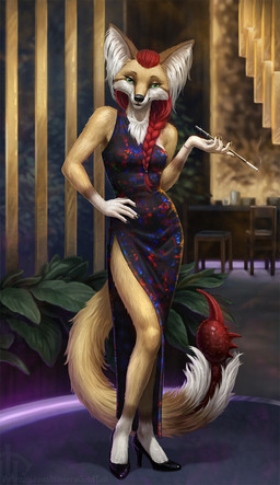 anthro black_clothing black_dress black_footwear black_high_heels black_nose braided_hair cigarette clothed clothing dress eyelashes female female_anthro footwear front_view fur glistening glistening_eyes hair hand_on_hip high_heels holding_cigarette holding_object inside long_hair looking_at_viewer mouth_closed pattern_clothing pattern_dress red_hair shoes slim_anthro slim_female solo standing tan_body tan_fur white_body white_fur himeragoldtail arachnid arthropod canid canine fennec_fox fox hybrid mammal scorpion true_fox full-length_portrait hi_res portrait