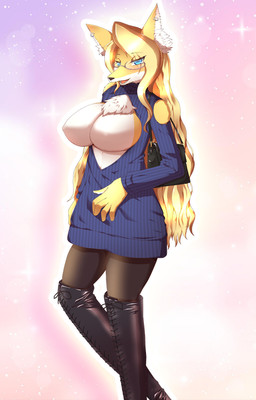 abstract_background anthro big_breasts biped blonde_hair blue_eyes boots breasts cleavage_cutout clothed clothing countershading cutout exposed_shoulder eyewear featureless_breasts female footwear fur glasses hair ineffective_clothing ineffective_topwear inner_ear_fluff legwear long_hair looking_at_viewer no_bra pink_background shoes simple_background solo sweawter thigh_highs tuft white_body white_countershading yellow_body yellow_fur niyatoki two_beasts_or_not_to_beast tsarin_korniyenko canid canine fox mammal red_fox true_fox official_art