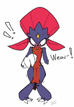 anthro asian_clothing blush chinese_clothing chinese_dress clothed clothing crossdressing crossdressing_male dress east_asian_clothing legs_together male missing_arm solo text onearmdude nintendo pokemon generation_4_pokemon pokemon_(species) weavile hi_res male_(lore)