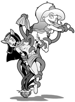 anthro black_hair breasts butt captured duo female genitals hair looking_at_viewer nipples simple_background tentacles vulva white_background fabio_paulino cartoon_network disney disney's_aladdin the_grim_adventures_of_billy_and_mandy eris_(tgaobam) mirage_(disney) domestic_cat felid feline felis human mammal crossover greyscale monochrome