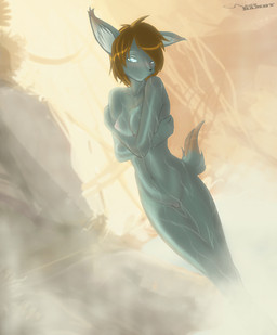 anthro bath bathing biped blue_eyes blush breasts female genitals hair hot_spring nipples nude short_hair solo standing steam tail vulva water wet pluginbamby vivi_(malis) domestic_cat felid feline felis lynx mammal