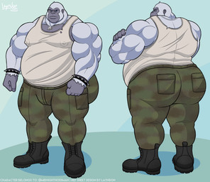 anthro armband army army_clothing army_outfit army_uniform back_muscles barazoku belly belt biceps big_belly big_butt big_muscles big_pecs black_boots black_clothing black_footwear black_wristband blue_eyes boots bottomwear bracelet brown_belt butt butt_focus camo camo_bottomwear camo_clothing camo_pants camo_print clothing combat_boots crossed_arms deltoids dog_tags fierce fierce_expression fist footwear frown frowney_face frowning_at_viewer fur furrowed_eyebrows green_background green_bottomwear green_clothing green_pants grey_body grey_fur grumpy intimidation jewelry male manly mature_anthro mature_male menacing_aura menancing military military_clothing military_pants military_uniform musclegut muscular muscular_anthro muscular_arms muscular_male muscular_thighs nipple_outline pants pattern_bottomwear pattern_clothing pattern_pants pecs pose presenting presenting_body presenting_hindquarters rear_view scowl shirt shoes showing_off_muscles simple_background soldier solo spiked_armband spiked_bracelet spikes standing stern stern_look tank_top thick_arms thick_thighs thug tight_bottomwear tight_clothing tight_pants tight_shirt tight_topwear topwear tough_guy trapezius triceps uniform warrior white_body white_clothing white_fur white_shirt white_tank_top white_topwear wristband layndon mag_(midnighthossman) ape gorilla haplorhine mammal primate hi_res model_sheet