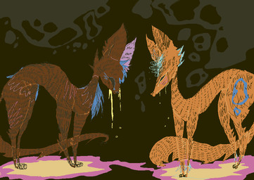 abstract_background ambiguous_gender blue_body blue_fur blue_hair bodily_fluids brown_body brown_fur crying duo feral fur hair multicolored_body multicolored_fur orange_body orange_fur tears naircat canid canine domestic_cat felid feline felis fox mammal 2017 digital_media_(artwork) microsoft_paint_(artwork)