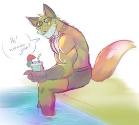 anthro back_muscles beverage biceps bottomwear brown_body brown_fur clothed clothing countershading dialogue eyewear fur holding_beverage holding_object lei male muscular muscular_anthro muscular_male orange_body orange_fur partially_submerged pecs poolside shorts sitting smile solo speech_bubble sunglasses swimming_pool swimming_trunks swimwear talking_to_viewer tan_body tan_fur text topless ludren epic_games fortnite fennix_(fortnite) canid canine fox mammal red_fox true_fox 2022 digital_media_(artwork) english_text hi_res