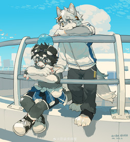 5_fingers anthro biped claws clothed clothing duo eyebrows fingers floppy_ears fur grey_body grey_fur hair heterochromia kemono male tail white_hair milkybot canid canine canis domestic_dog mammal absurd_res hi_res