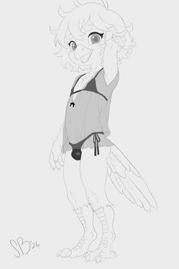 anthro babydoll bra bulge claws clothed clothing crossdressing feathers feet femboy hair hands_behind_head looking_at_viewer male messy_hair nightgown partially_clothed shota smile solo standing tail talon_arms talons teasing teasing_viewer thong toes underwear young young_anthro young_male avian bird 2:3 absurd_res hi_res monochrome sketch