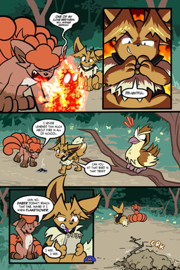 5_panel_comic ambiguous_gender beak black_cape black_clothing black_nose black_text branch breath_powers brown_body brown_eyes brown_hair burning cape clenched_teeth clothing day dialogue elemental_manipulation eyes_closed feathers feet feral fire fire_breathing fire_manipulation flower fluffy fluffy_tail fur gesture grass group hair hand_gesture holding_note_pad inner_ear_fluff looking_at_another motion_lines mouth_closed multi_tail neck_tuft notebook open_mouth open_smile outside page_number pawpads paws plant pointing pointing_at_another pupils qua3 question_mark sharp_teeth smile sound_effects speech_bubble tail tail_feathers talking_to_another talons teeth text toes toony translucent translucent_hair tree tuft white_pupils wings virmir nintendo pokemon pokemon_mystery_dungeon spike_chunsoft virmir_(character) avian eevee generation_1_pokemon pidgey pokemon_(species) vulpix weedle 2025 2:3 absurd_res comic english_text hi_res
