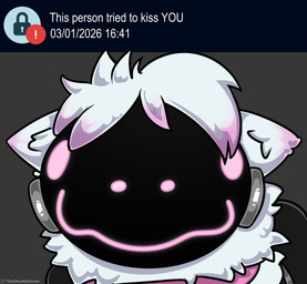 anthro collar fur hair looking_at_viewer machine male pink_hair silly simple_background solo text white_body white_fur thatoneahhcreator mavis_friend protogen english_text