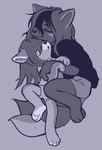 anthro clothed clothing cuddling duo female male young young_anthro dokudrinker canid canine canis mammal wolf blue_and_white hi_res monochrome brother_(lore) brother_and_sister_(lore) sibling_(lore) sister_(lore)