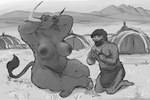 anthro artifact barefoot beard big_breasts bottomwear breasts carving carving_knife casual_nudity clothed clothed/nude clothed_male clothing curvy_figure duo facial_hair feet female female_anthro female_on_human fur grass hair hooves horn human_on_anthro interspecies knife larger_anthro larger_female loincloth loincloth_only male male/female male_human male_on_anthro modelling navel nipples nude nude_modelling on_grass on_ground outdoor_nudity outside plant prehistoric sitting sitting_on_grass sitting_on_ground size_difference slightly_chubby smaller_human smaller_male smile tent thick_thighs topless topless_human topless_male tribal voluptuous wide_hips doctordj bovid bovine cattle human mammal 2023 greyscale hi_res monochrome