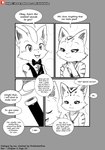 absurd_res anthro clothed clothing comic dialogue domestic_cat duo english_text felid feline felis female generation_7_pokemon hi_res jewelry legendary_pokemon male mammal monochrome neck_bow necklace nintendo pokemon pokemon_(species) sketch stripe_(pinkbutterfree) text topwear vest wine_bottle winick-lim young zeraora zerry_(winick-lim)