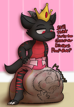 ambiguous_gender anthro big_diaper crown dialogue diaper diaper_fetish diaper_stuffing dominant dominant_female duo feces female headgear horn huge_diaper hyper_diaper inside_diaper red_eyes soiling struggling tail text unclean_diaper used_diaper m0rgansk piko_(simplifypm) poppy_the_kobold_(mcfingle) kobold scalie 2025 digital_media_(artwork) english_text hi_res