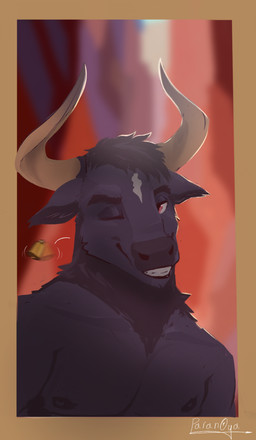 anthro bangs blinking framed_picture horn male red_eyes simple_background smile solo paran0ya bovid bovine cattle mammal digital_media_(artwork) digital_painting_(artwork) hi_res painting_(artwork) portrait