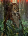 anthro breasts brown_hair clothed clothing day detailed_background eyewear female forest glasses grass hair outside plant solo tree fossa666 felid lion mammal pantherine 2022 digital_media_(artwork) hi_res