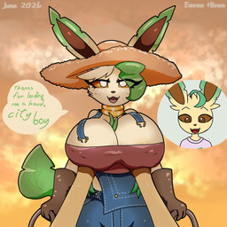 anthro anthro_on_anthro big_breasts breasts button_(fastener) clothed clothing dialogue duo female female_anthro gloves handwear imminent_sex infidelity male male/female nipple_outline overalls text topless tuft eevee_hive nintendo pokemon malon_(gammainks) eeveelution generation_4_pokemon leafeon pokemon_(species) 1:1 artist_name hi_res