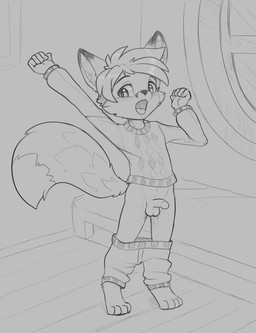 anthro balls biped bottomwear bottomwear_down cheek_tuft clothed clothing digitigrade dipstick_ears ear_markings eyebrows facial_tuft fluffy fluffy_tail front_view genitals glans hair half-erect humanoid_genitalia humanoid_penis inner_ear_fluff inside looking_aside male multicolored_ears no_underwear open_mouth pants pants_down partially_clothed penis short_hair solo standing stretching sweater tail tongue topwear tuft young young_anthro young_male jamesfoxbr tycloud canid canine fox mammal 2025 hi_res monochrome sketch