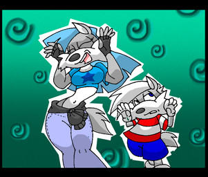 anthro black_border blue_clothing blue_hair blue_shirt blue_topwear border bottomwear clothing dancing denim denim_bottomwear denim_clothing duo female gloves hair handwear jeans male pants red_clothing red_shirt red_topwear shirt simple_background topwear y2k_(graphic_design) virus-20 caramelldansen wendy_wolf_(virus-20) willy_wolf canid canine canis mammal wolf 2008 meme