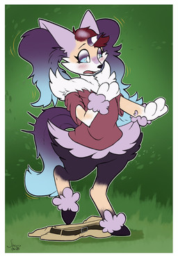 alternate_color ambiguous_gender anthro blush blush_lines border clothing discarded_clothing fur fur_growth growth horn mid_transformation oversized_clothing plant purple_body purple_fur solo species_transformation transformation unicorn_horn white_border shrubie_fox nintendo pokemon braixen galarian_form galarian_ponyta generation_6_pokemon generation_8_pokemon human hybrid hybrid_pokemon mammal pokemon_(species) regional_form_(pokemon) hi_res