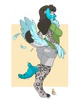 anthro artist_initials beak biped black_ear_tips black_hair black_markings blue_body blue_feathers blue_highlights bottomwear breasts butt clothed clothed_anthro clothed_female clothing digitigrade dipstick_ears ear_markings feather_growth feathers feet female female_anthro fully_clothed fur grey_body grey_fur growth hair highlights_(coloring) leopard_spots looking_down_at_self markings mid_transformation motion_lines multicolored_ears on_one_leg open_mouth shirt shorts side_view simple_background solo spots standing t-shirt tail talons toeless_(marking) toes topwear white_body white_fur year blackshirtboy kae_(agcb) avian bird chicken felid galliform gallus_(genus) mammal pantherine phasianid snow_leopard 2014 colored