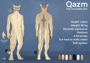 anthro athletic athletic_anthro athletic_male butt featureless_crotch front_view fur glistening glistening_eyes male male_anthro mouth_closed nude orange_eyes pink_nose rear_view simple_background solo standing tan_body tan_fur hufnaar qazm cougar felid feline mammal 2025 dated hi_res model_sheet