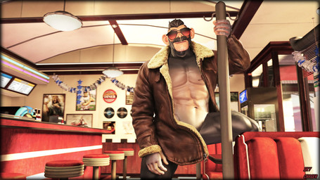 anthro aviator_glasses beard clothed clothing diner eyewear facial_hair glasses jacket male muscular muscular_male nude partially_clothed restaurant retro seat solo tattoo topwear sky_chaser epic_games fortnite j.b._chimpanski ape haplorhine mammal primate 16:9 3d_(artwork) digital_media_(artwork) hi_res source_filmmaker_(artwork) widescreen