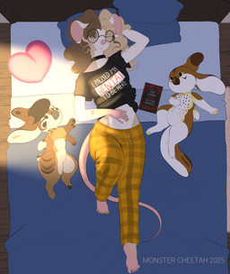 5_toes anthro barefoot bed claws clothed clothing eyewear feet female finger_claws furniture glasses hair heterochromia lying nerd plantigrade plushie round_glasses sleeping slim solo text text_on_clothing text_on_topwear toe_claws toes topwear wearing_glasses monstercheetah mythology faye_bernard avian gryphon mammal mouse murid murine mythological_avian mythological_creature rodent 2025 hi_res