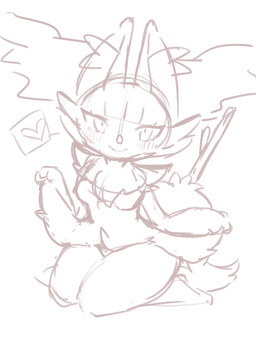 3_fingers anthro arm_tuft biped blush blush_lines breasts cheek_tuft chest_tuft closed_smile dipstick_tail eyelashes facial_tuft featureless_breasts female female_anthro fingers fluffy fluffy_tail front_view heart_symbol hip_tuft inner_ear_fluff kneeling looking_at_viewer markings mouth_closed neck_tuft nude nude_anthro nude_female object_in_tail shoulder_tuft simple_background small_breasts smile solo speech_bubble stick stick_in_tail tail tail_markings tuft white_background yakiniku628 nintendo pokemon braixen canid generation_6_pokemon mammal pokemon_(species) 2026 full-length_portrait hi_res monochrome portrait sketch