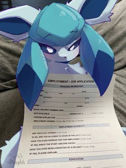 ambiguous_gender black_text blue_body blue_fur blue_inner_ear blue_sclera blush feral fur inside job_application looking_at_viewer paper photo_background real solo text tuft white_eyes poxyhh nintendo pokemon eeveelution generation_4_pokemon glaceon pokemon_(species) 2025 artist_name english_text hi_res meme photography_(artwork) signature
