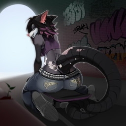 anthro armpit_hair black_hair body_hair clothed clothing crop_top duo ear_piercing ear_ring female feral fur furgonomic_piercing furgonomics graffiti graffiti_on_wall grey_body grey_fur hair highlights_(coloring) inside_clothing inside_underwear looking_back male micro nude pawpads piercing pink_hair ring_piercing sharp_teeth shirt size_difference skateboard tail tail_piercing teeth thong topwear tunnel underwear vehicle white_body white_fur doomershark mythology layla_(possb0x) american_opossum dragon furred_dragon furred_scalie mammal marsupial mythological_creature mythological_scalie scalie virginia_opossum 1:1 2025 absurd_res digital_media_(artwork) hi_res