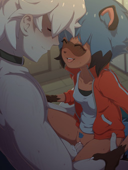 anthro blue_hair blue_pubes blush blush_lines bodily_fluids bottomless breasts brown_body brown_face clothed clothing collar eyes_closed female from_front_position genitals hair happy happy_sex jacket male male/female mastery_position mouth_closed multicolored_hair open_mouth open_smile penetration penis pubes red_clothing red_jacket red_topwear sex shirt small_breasts smile sweat tongue topwear vaginal vaginal_penetration vulva white_hair rockset brand_new_animal studio_trigger michiru_kagemori shirou_ogami canid canine human mammal raccoon_dog tanuki 3:4 digital_media_(artwork) hi_res