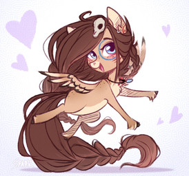 accessory blue_eyes blush bone braided_hair braided_tail chest_tuft chibi feathered_wings feathers freckles hair hair_accessory heart_symbol hooves jewelry markings necklace open_mouth open_smile skull smile solo spread_wings tail tuft wings sparkling_light hasbro my_little_pony mythology fan_character ondrea_(ondrea) equid equine mammal mythological_creature mythological_equine pegasus hi_res