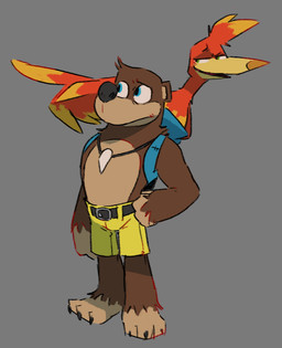 3_toes ambiguous_gender anthro backpack beak belt blue_eyes bottomwear brown_body brown_fur clothed clothing duo feathered_wings feathers feet feral fur gesture green_eyes grey_background half-closed_eyes hand_gesture jewelry male multicolored_body multicolored_feathers narrowed_eyes necklace open_mouth pointing shorts simple_background smile standing toes wings yellow_beak flookz banjo-kazooie rareware banjo_(banjo-kazooie) kazooie avian bear bird breegull mammal 2017 digital_media_(artwork) female_(lore) male_(lore)