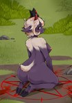 2_horns 2_toes ahoge anthro anus areola aroused bedroom_eyes bell bell_collar big_butt black_hooves blood bodily_fluids breasts butt cloven_hooves collar collar_only cult dark_body dark_skin detailed_background dewclaw_hooves feet female fluffy fluffy_tail fur genitals grass hair hooved_plantigrade hooved_toes hooves horn huge_butt humanoid_genitalia humanoid_pussy kneeling looking_at_viewer looking_back medium_breasts narrowed_eyes nipples nude occult_symbol on_ground pentagram pink_areola pink_nipples pivoted_ears plant plantigrade pose purple_body pussy rear_view red_collar red_eyes red_horn rock scut_tail seductive sexy_eyes sheared short_hair short_tail shrub side_boob sitting small_horn smile smiling_at_viewer soft_gore solo symbol tail tail_tuft thick_thighs timid toes tuft unguligrade white_body white_fur white_hair white_wool witchcraft wool_(fur) friddscat cult_of_the_lamb massive_monster_(studio) lamb_(cult_of_the_lamb) red_crown_(cult_of_the_lamb) bovid caprine mammal sheep absurd_res colored hi_res pinup shaded