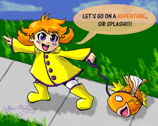 age_difference ambiguous_gender blue_eyes blush collar dialogue duo female feral grass hair happy human_focus leash not_furry_focus open_mouth outside plant short_hair sidewalk size_difference speech_bubble teeth text tongue young plush-fiend nintendo pokemon aquatic fish generation_1_pokemon human magikarp mammal pokemon_(species) 2011 5:4 english_text source_request