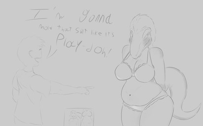 anthro belly big_belly big_breasts big_tail blush bra breasts clothing dialogue duo embarrassed female gesture grey_background hand_gesture hands_behind_back leaning leaning_forward male navel non-mammal_breasts non-mammal_navel overweight overweight_anthro overweight_female panties pointing pointing_at_another pointing_at_belly shirt simple_background smile t-shirt tail tail_around_neck text thick_thighs topwear underwear wide_hips heelipmo dinosaur dromaeosaurid human mammal prehistoric_species reptile scalie theropod absurd_res english_text hi_res line_art monochrome shaded sketch