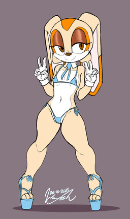 accessory aged_up anthro bikini biped blue_bikini blue_clothing blue_footwear blue_necktie blue_sandals blue_swimwear breasts brown_eyelids brown_eyes brown_nose camel_toe closed_smile clothed clothed_anthro clothed_female clothing double_v_sign eyelashes female female_anthro floppy_ears footwear front_view fur gesture gloves grey_background half-closed_eyes hand_gesture handwear high_heeled_sandals high_heels loli looking_aside mouth_closed multicolored_body multicolored_ears multicolored_fur narrowed_eyes navel necktie nipple_outline orange_body orange_ears orange_fur pigeon_toed pink_inner_ear platform_footwear platform_heels pupils sandals shirt_collar shoes simple_background skimpy small_breasts smile solo standing swimwear tan_body tan_ears tan_fur two-piece_swimsuit two_tone_ears v_sign white_body white_clothing white_fur white_gloves white_handwear wide_stance young young_female wayesh sega sonic_the_hedgehog_(series) cream_the_rabbit lagomorph leporid mammal rabbit 2025 dated full-length_portrait hi_res portrait signature